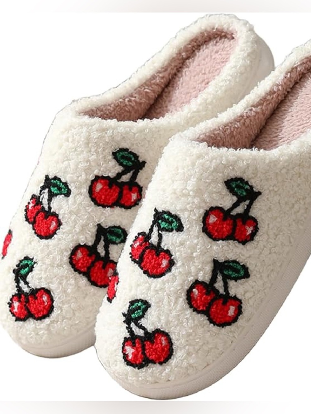 Fuzzy Cherry Print Slip-On Slippers Cream New Women’s Size 9-10